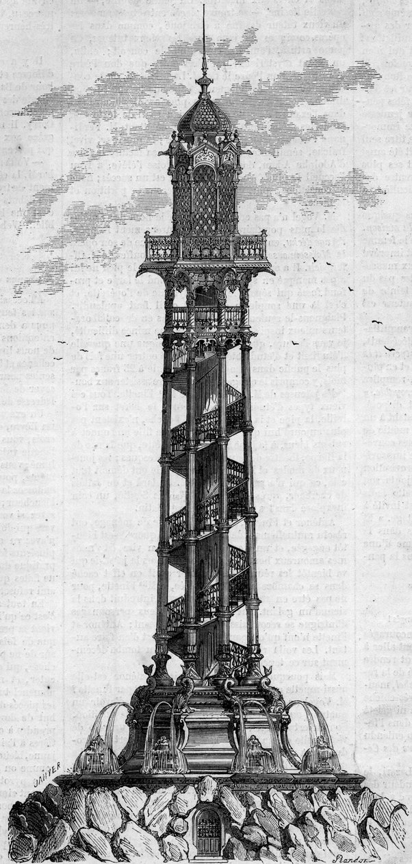 Monumental søyle av den artesiske brønnen til Passy av den tyske ingeniøren Charles Gosshelf Kind. Gravering i "" Le Monde Illustré"" nr. 25 av 3. oktober av French School