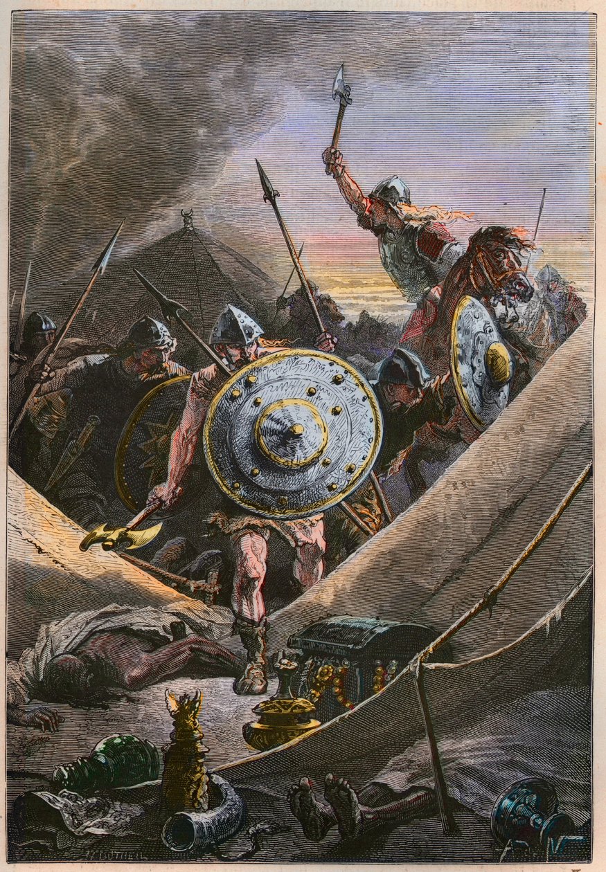 Mauriske invasjoner i middelalderen: Francene ledet av Charles Martel angriper saracenernes militærleir under slaget ved Tours (slaget ved Poitiers), og stopper den muslimske invasjonen i år 732 - frankerne under Charles Martel angriper saracenernes leir av French School