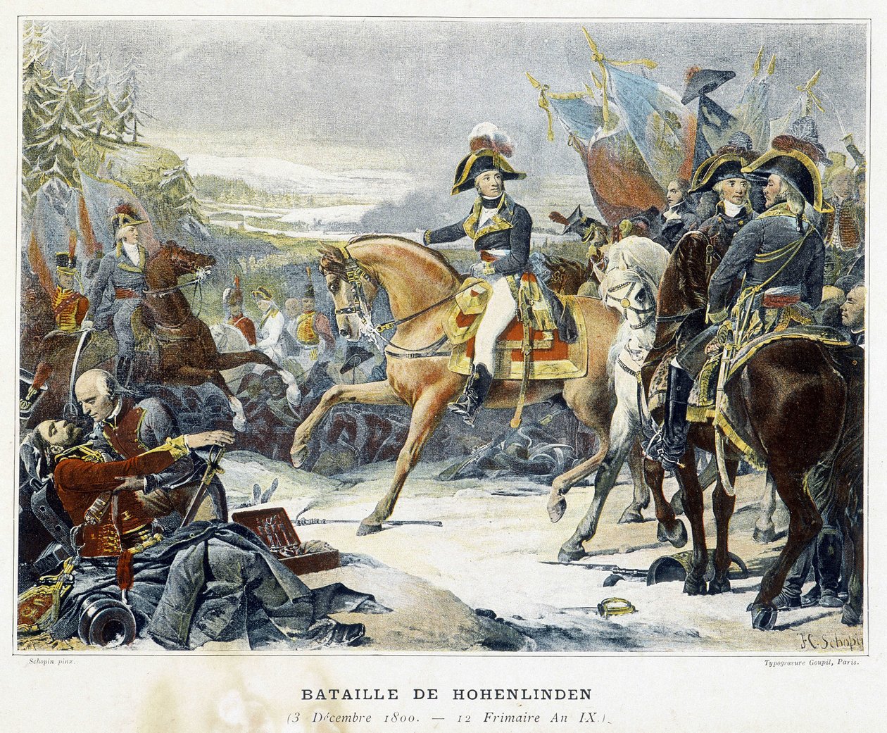 Moreaus seier over østerrikerne kommandert av erkehertug Jean 3. desember 1800 i slaget ved Hohenlinden (Baviere - Tyskland). av French School