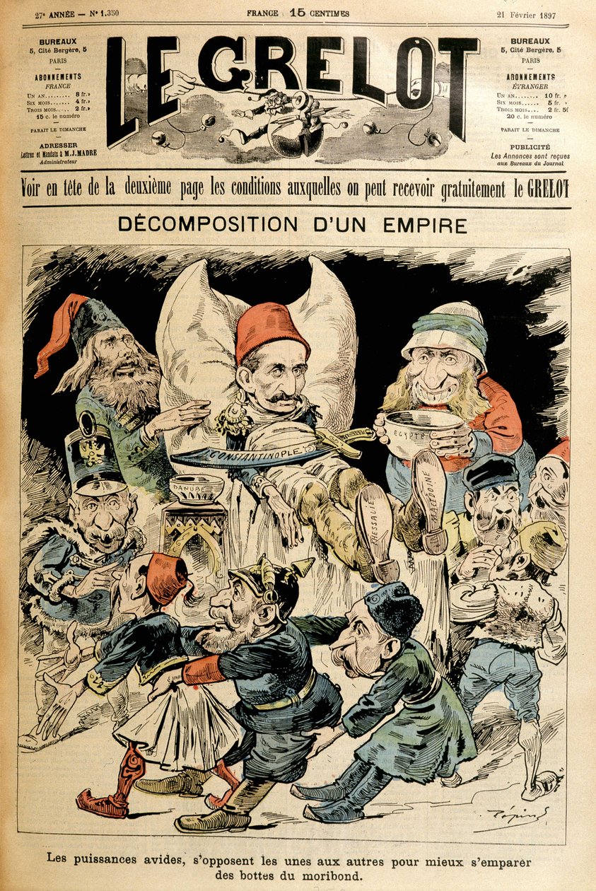 Døende Tyrkia og utenlandske makter som kjemper for støvlene hans, dekker "" Le Grelot"" 21/2/1897. av French School