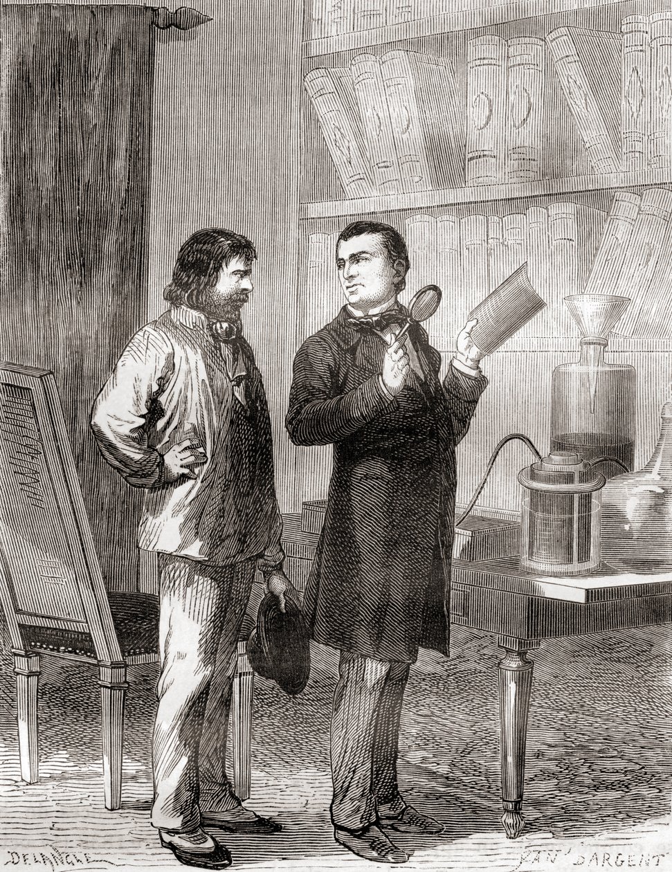 Moritz von Jacobi, til høyre, oppdager galvanoplast, eller elektrotyping i 1838, fra Les Merveilles de la Science, publisert ca. 1870 (gravering) av French School