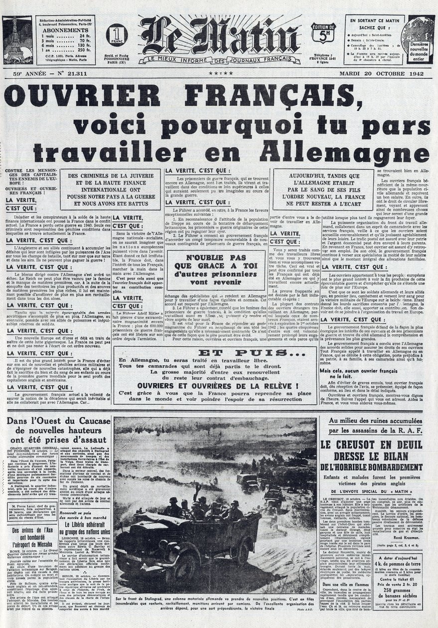 Morgenjournal nr. 21311 av 20. oktober 1942: The Sto - Obligatorisk Arbeidstjeneste - Hvorfor gå på jobb i Tyskland - av French School