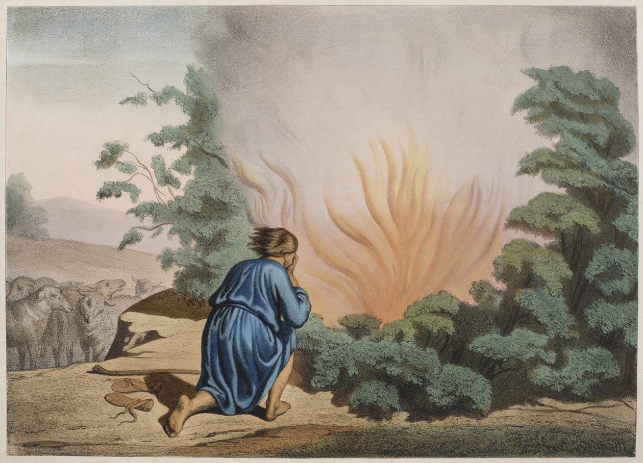 Moses and the Burning Bush, illustrasjon fra en katekisme LHistoire Sainte, utgitt av Charles Delagrave, Paris, sent på 1800-tallet av French School