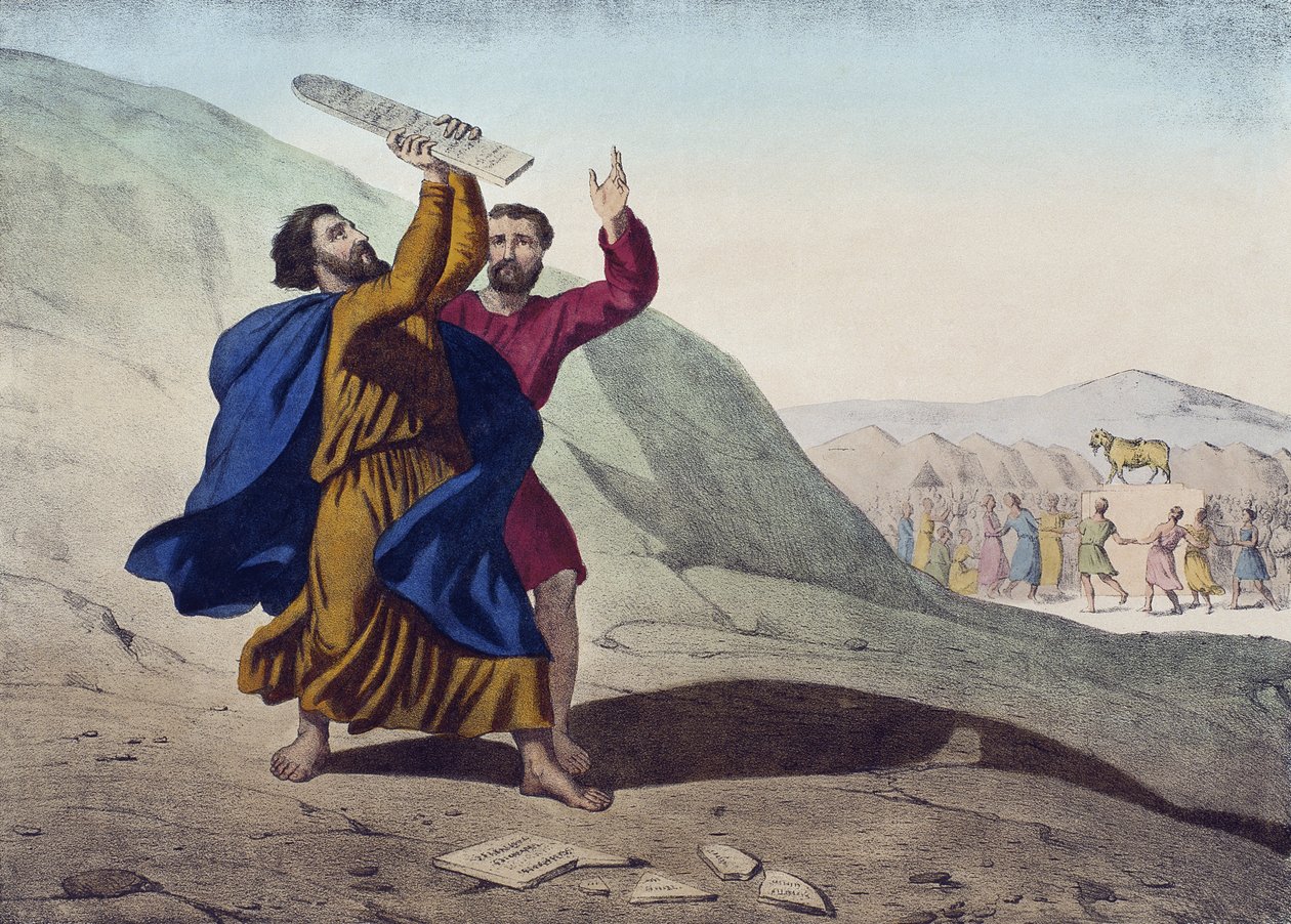 Moses bryter lovens tavler og tilbedelsen av gullkalven, illustrasjon fra en katekisme LHistoire Sainte, utgitt av Charles Delagrave, Paris, sent på 1800-tallet av French School