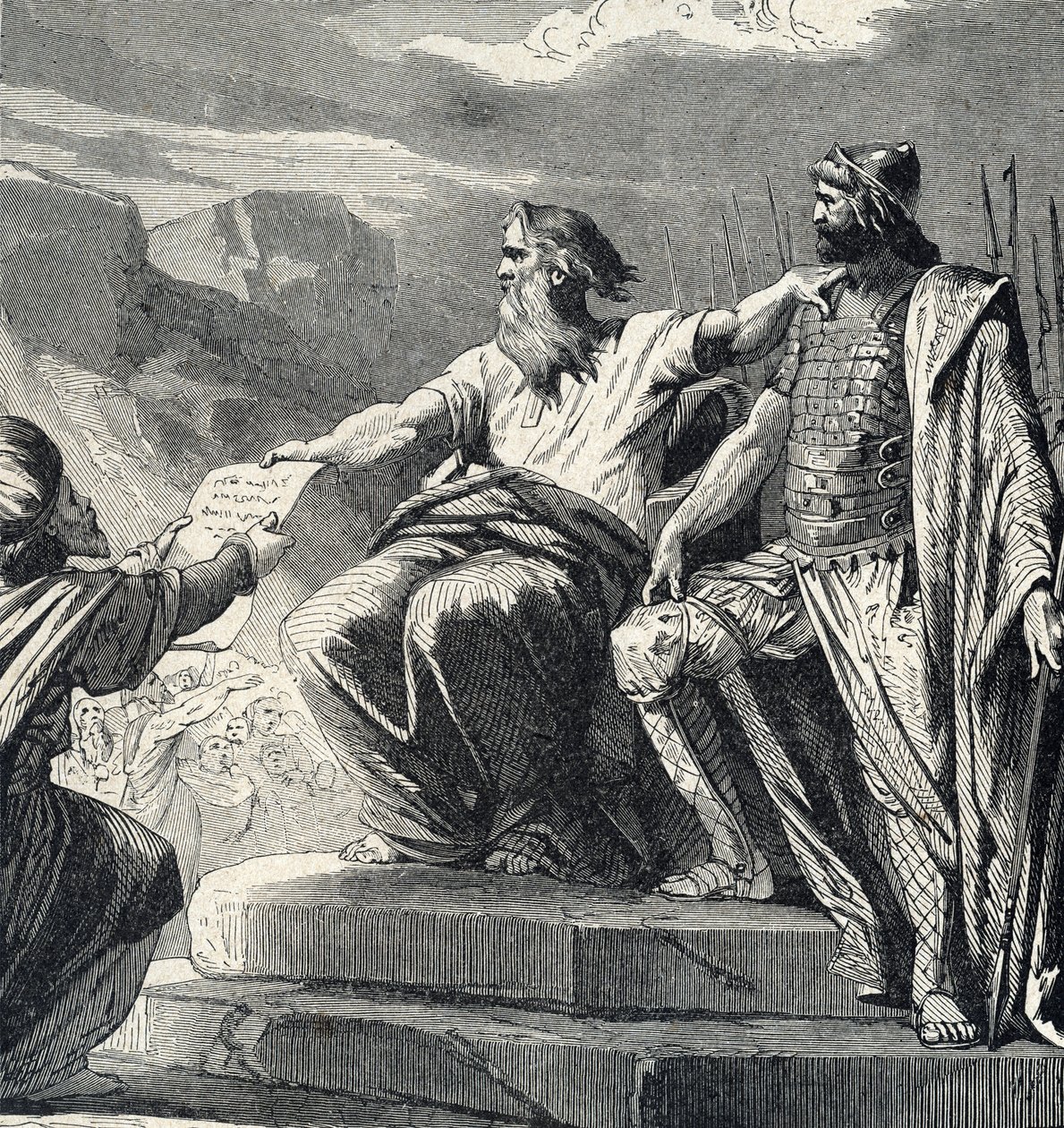 Moses beordret Israels folk til å anerkjenne autoriteten til Josue (Moses valgte joshua som sin etterfølger) Gravering fra 