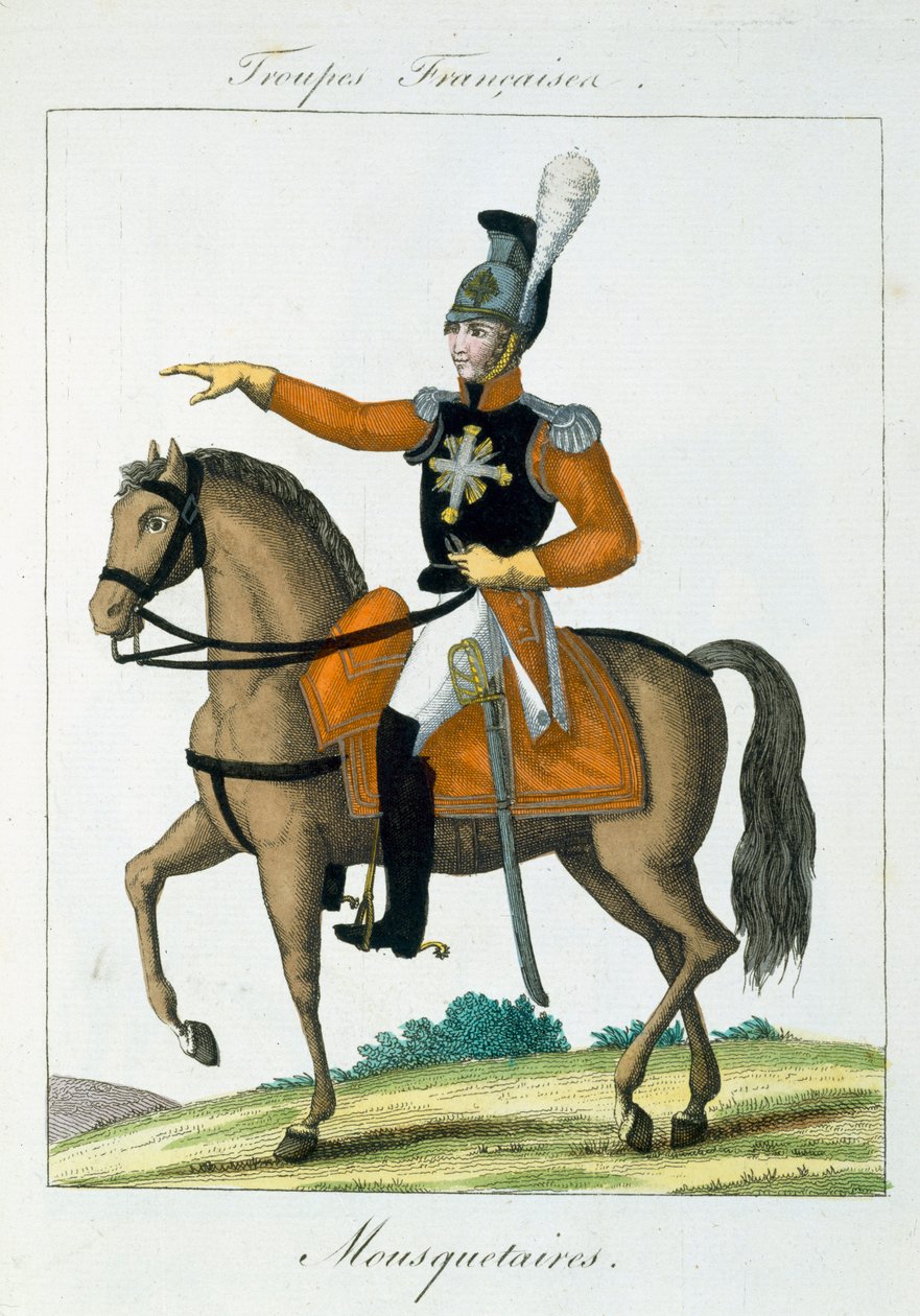 Mounted Musketeer, fra Troupes Francaises, pub. i Basset, Paris, ca. 1790 av French School