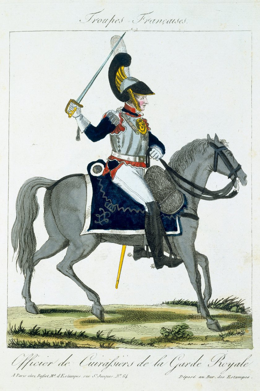 Mounted Officer of the Cuirassiers of the Royal Guard, fra Troupes Francaises, pub. hos Basset, Paris, ca. 1790 av French School