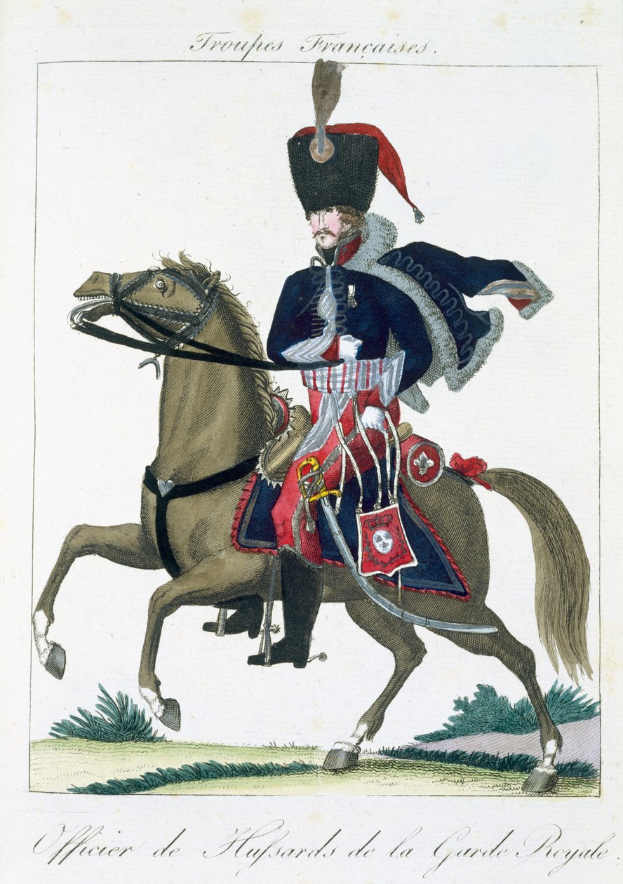 Montert offiser for Hussars of the Royal Guard, fra Troupes Francaises, pub. hos Basset, Paris, ca. 1790 av French School