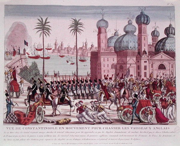 Bevegelse av tropper for å tvinge de engelske fartøyene fra Konstantinopel, 21. mars 1807 (farget gravering) av French School