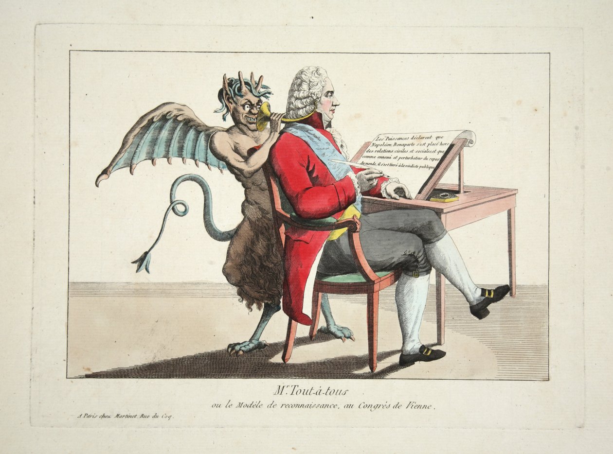 Mr. Tout-a-tous eller anerkjennelsesmodellen, på Wienerkongressen, pub. 1815 (fargegravering) av French School