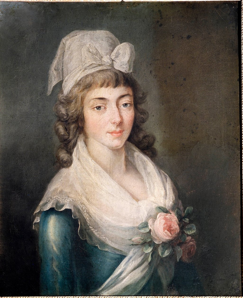Fru Roland: Portrett av Madame Roland (1754 - 1793), figur av den franske revolusjonen, iført Girondin-hetten. maleri av den franske skolen av French School