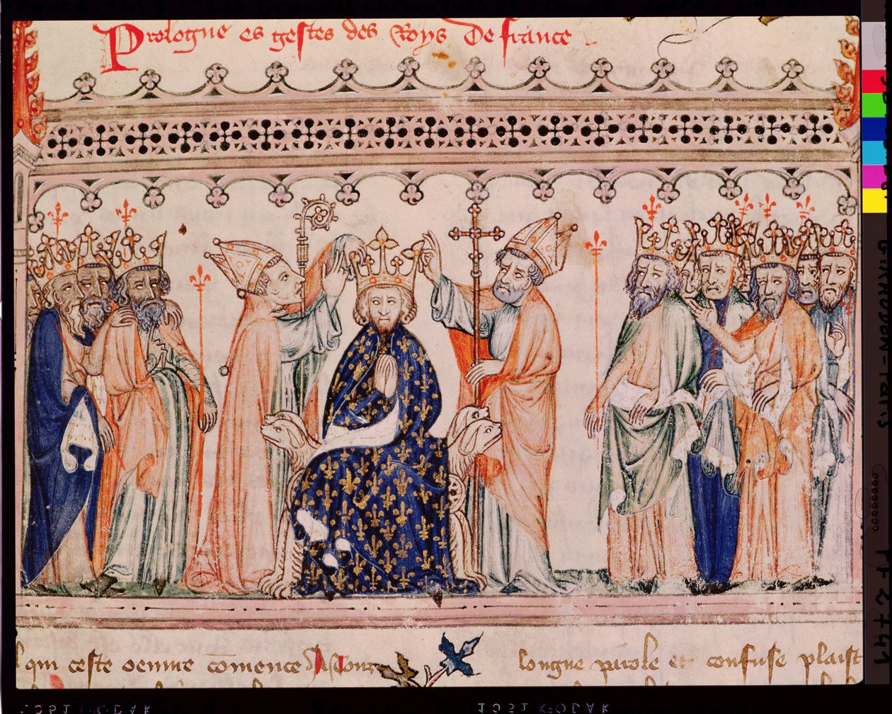 Ms.1469 f.1 Innvielsen av Filip III den dristige (1245-85) konge av Frankrike, fra Grandes Chroniques de France, 1375-79 av French School