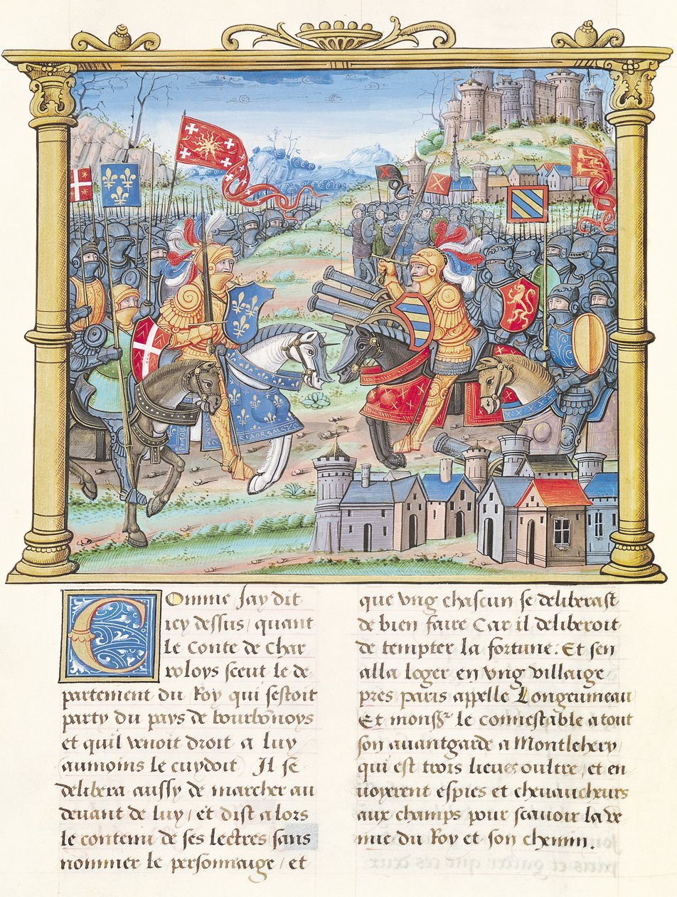 Ms.18 f.7v Slaget ved Montlhery under krigen i League of the Good Public, 14. juli 1465, fra memoarene til Philippe av Commines (1445-1509) av French School