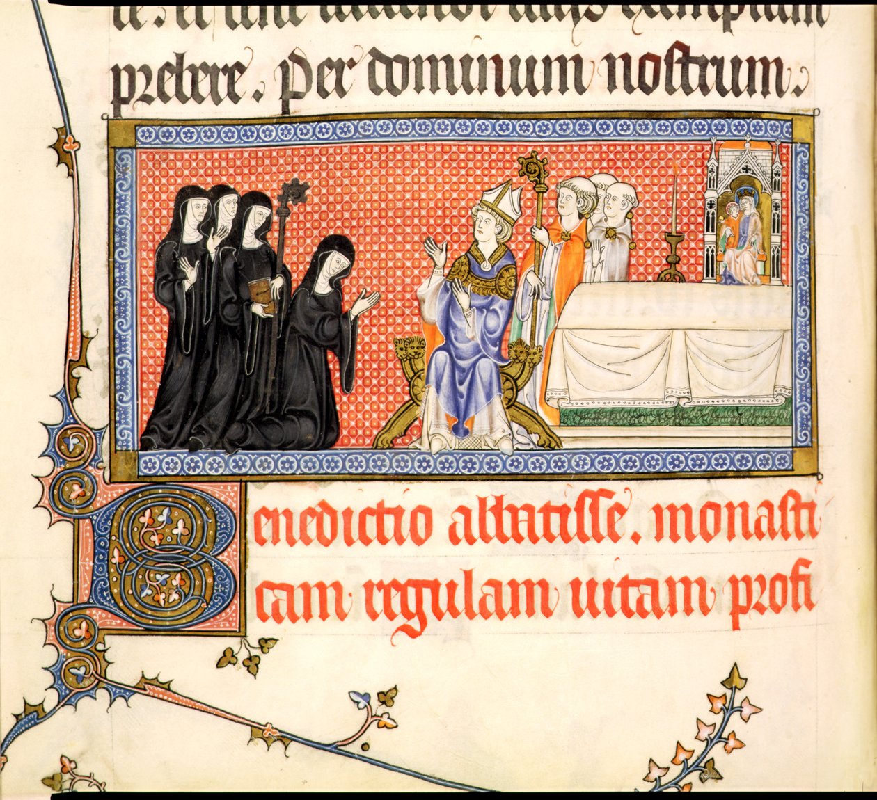 Ms.298 f82v The Presentation of an Abbedisse, fra Metz Pontifical, skrevet for Raymond Bar, Bishop of Metz, 1302-16 av French School