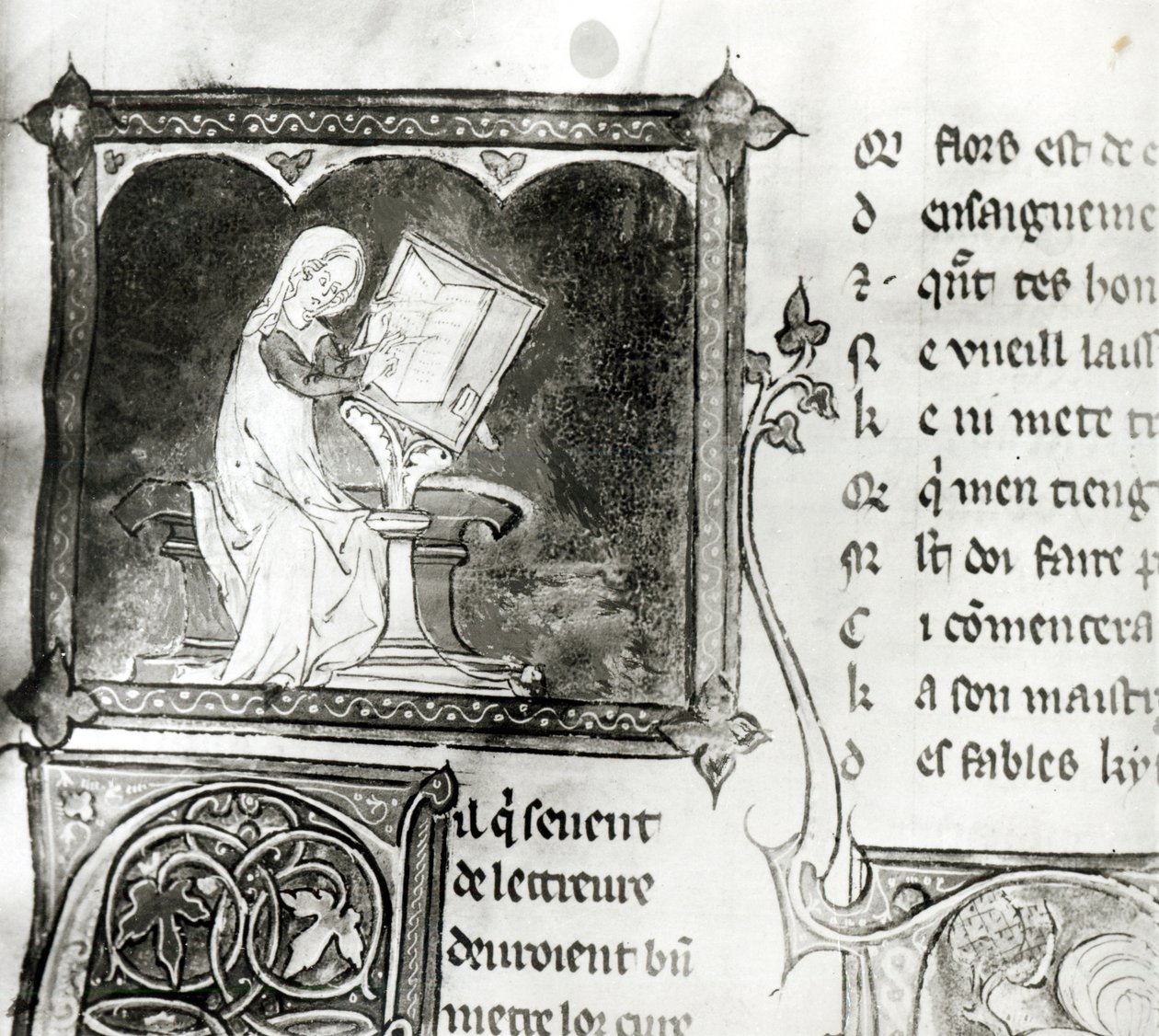 Ms.3142 fol.256 Marie de France (fl. 1100-tallet) skrift, fra en antologi med franske dikt, ca. 1280-90 (detalj) av French School