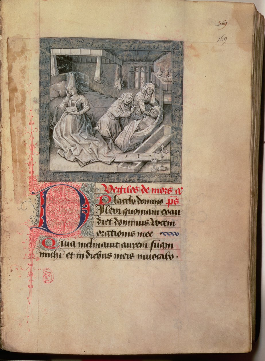 Ms.76 f.2 fol.169r Død, internering og begravelse, fra hertugen av Burgunds timer 1454-55 av French School
