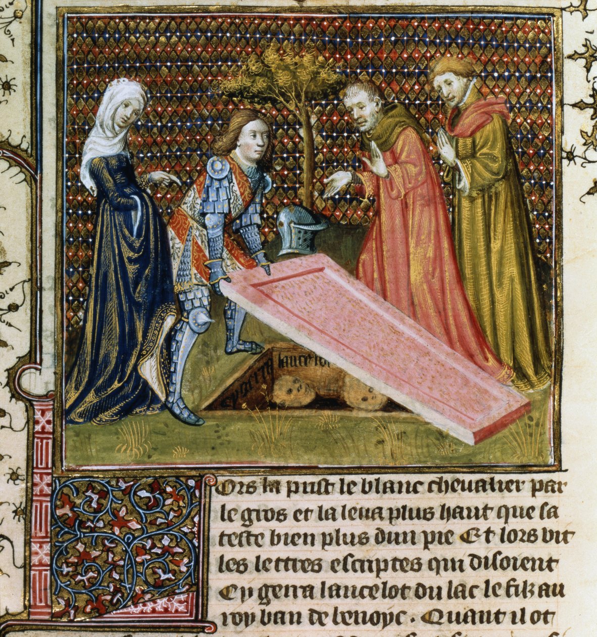Ms.Fr.118 f.190 Lancelot løfter steinen fra sin egen forutbestemte grav og lærer navnet hans og herkomsten hans, fra Livre de Messire Lancelot du Lac av French School