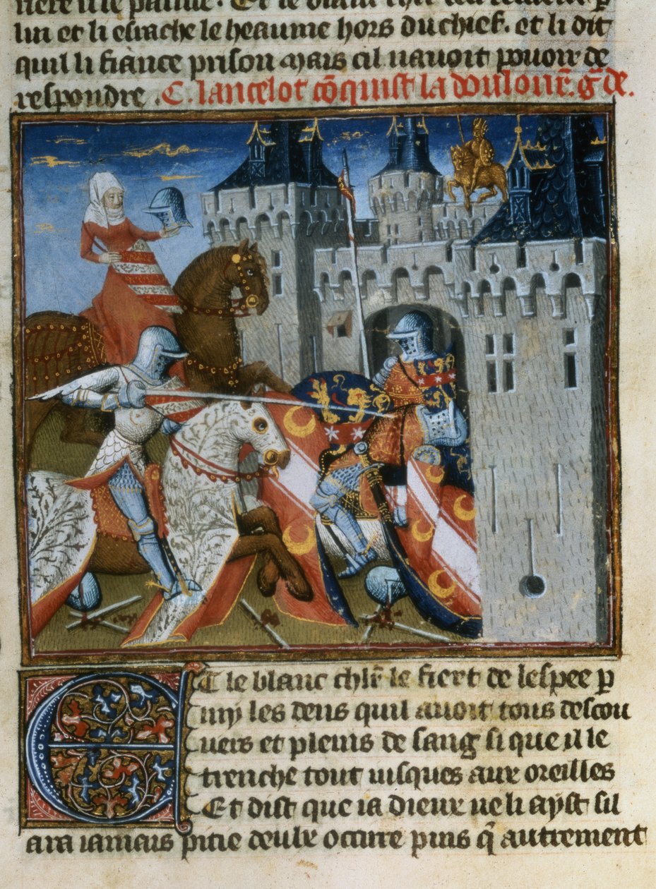 Ms.Fr 118 f.189v Sir Lancelot fanger Dolorous Garde ved hjelp av et nytt skjold gitt til ham av Lady of the Lake, fra Livre de Messire Lancelot du Lac av French School