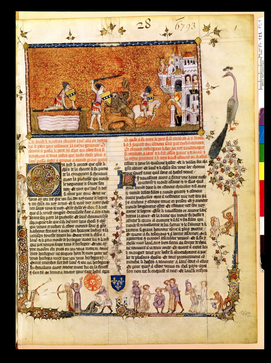 Fr 122 f.1 Sir Lancelot krysser Sword Bridge, fra Roman de Lancelot du Lac, 1344 av French School