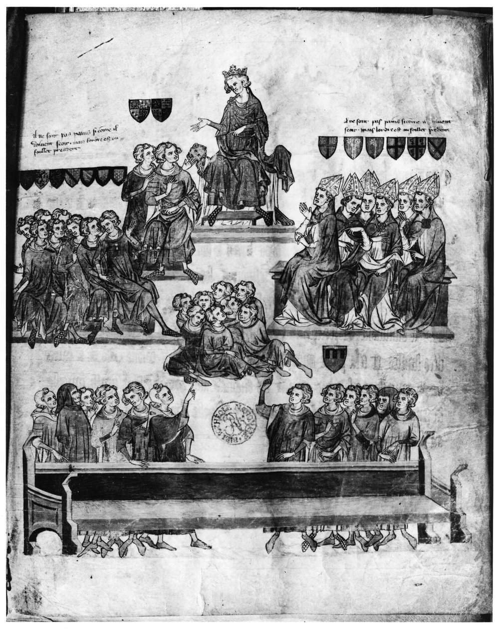 Frk. Fr. 18437 fol. 2 Court of the Peers ledet av Philippe VI (1293-1350) fra Proces de Robert III dArtois (1287-1342) comte de Beaumont, 1336 (se også 85900) av French School