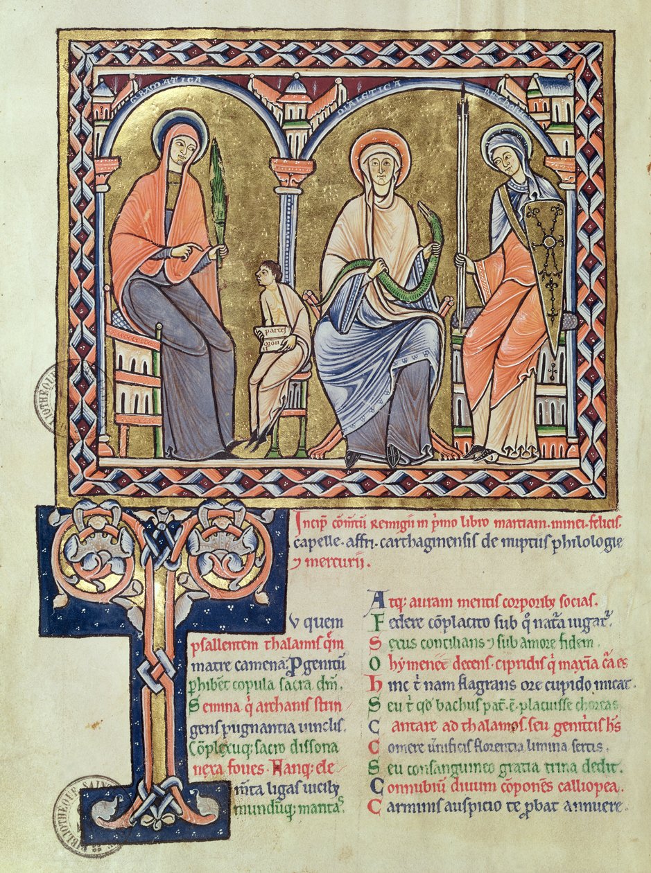 Ms 1041 f.1v Grammatikk, dialekt og retorikk fra Satyricon av Martianus Capella, ca. 1200 av French School