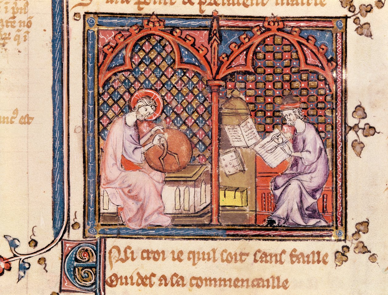 Ms 1044 Fol.16v Ordet, verdens skaper og forfatteren som skriver sin bok, fra Ovide Moralise skrevet av Chretien Legouais av French School