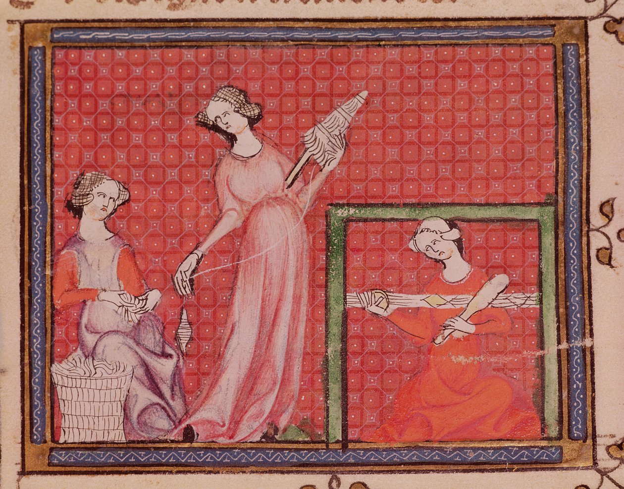 Ms 1044 f.101 Women Spinning Wool, fra Ovide Moralise skrevet av Chretien Legouais av French School