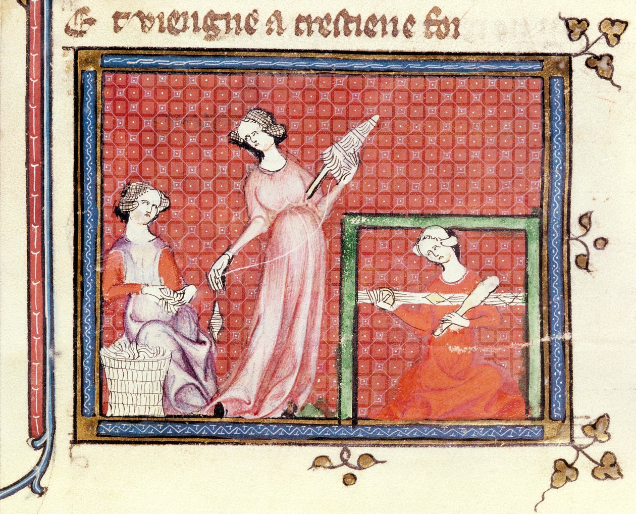 Ms 1044 fol.101 Skriftens sterke kvinne spinner med sine tjenere, fra Ovide Moralise skrevet av Chretien Legouais av French School