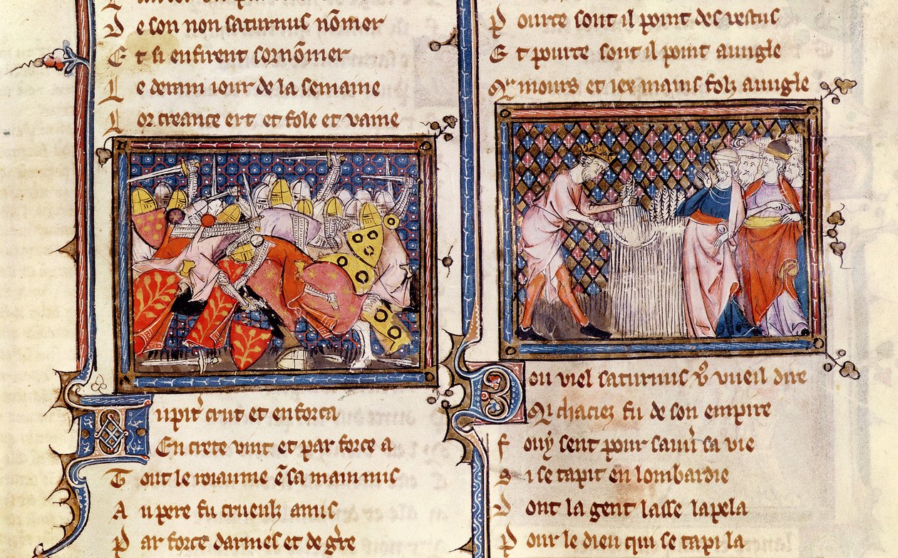 Ms 1044 fol.20 Jupiter versus Saturn: Saturn lærer langobardene hvordan man bruker en sigd, fra Ovide Moralise skrevet av Chretien Legouais av French School