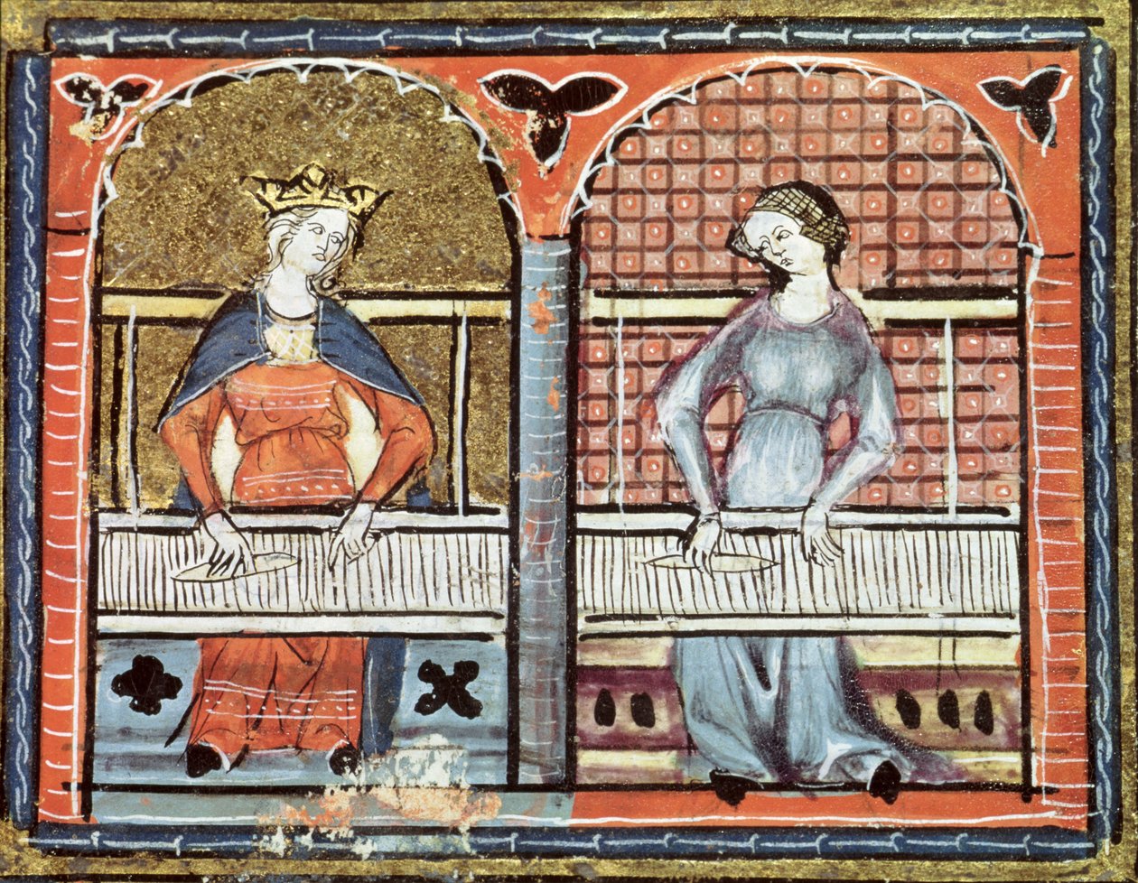 Ms 1044 fol.89v Women Weaving, fra Ovide Moralise skrevet av Chretien Legouais av French School