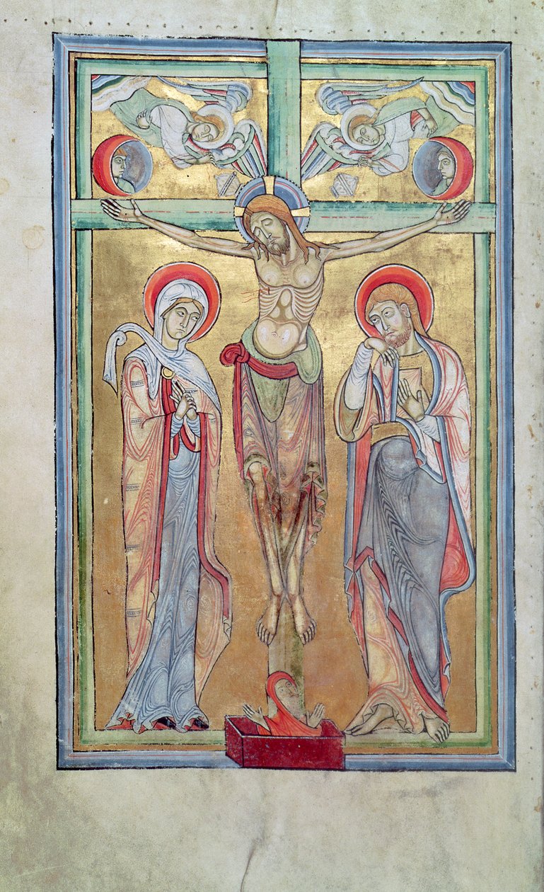 Ms 108 f.58v Crucifixion, fra Sacramentary of St. Amand av French School