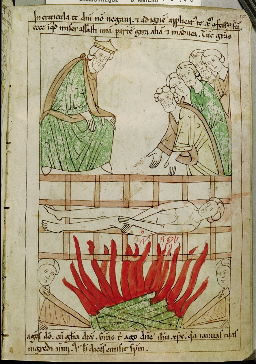 Ms 108 fol.213 The Martyrdom of St. Lawrence i 258 AD, fra en bibel av French School