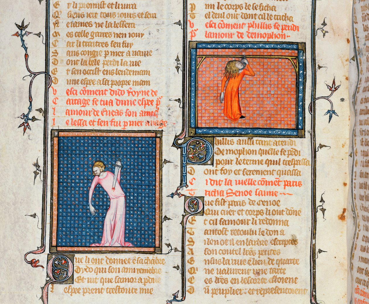 Ms 1126 The Suicide of Dido by the sverd og Phyllis selvmord ved å henge, fra Le Roman de la Rose av Guillaume de Loris og Jean de Meung, ca. 1360-70 av French School