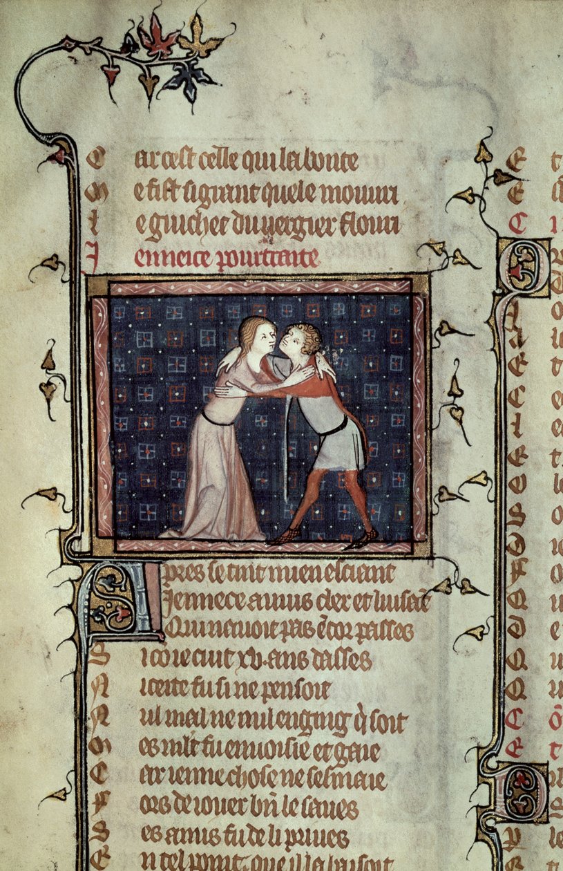 Ms 1126 fol.8r Youth and Love Embracing, fra Le Roman de la Rose av Guillaume de Loris og Jean de Meung av French School