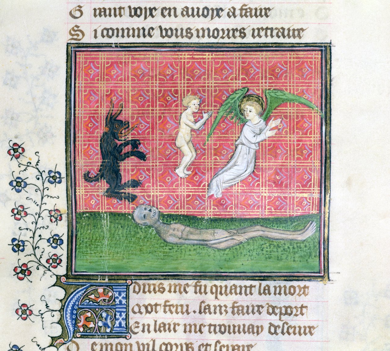 Ms 1130 Soul forlater kroppen akkompagnert av en engel, miniatyr fra Le Livre des Proprietes des Choses av Barthelemy lAnglais av French School