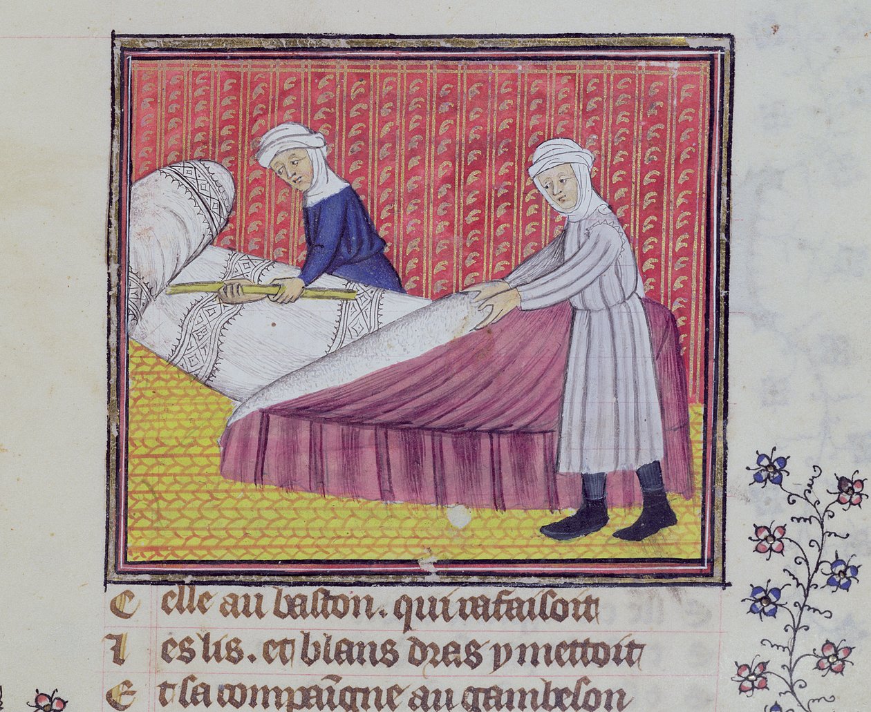 Ms 1130 fol.83r Chastity and Poverty lage en seng, fra Le Roman des Trois Pelerinages av Guillaume de Digulleville av French School
