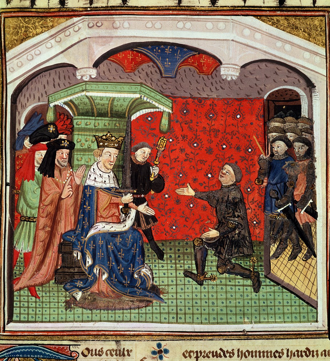 Frk. 1142 fol.4 Bertrand du Guesclin (ca. 1320-80) før Karl V (1338-80) og hans hoff av French School