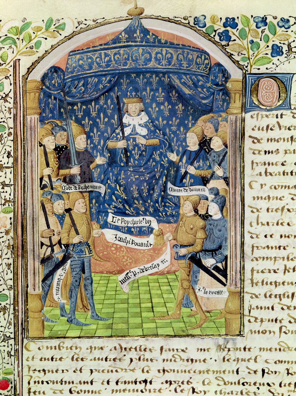 Ms 1151 f.1 Charles VII (1403-61) Omgitt av hoffet og Jeanne d