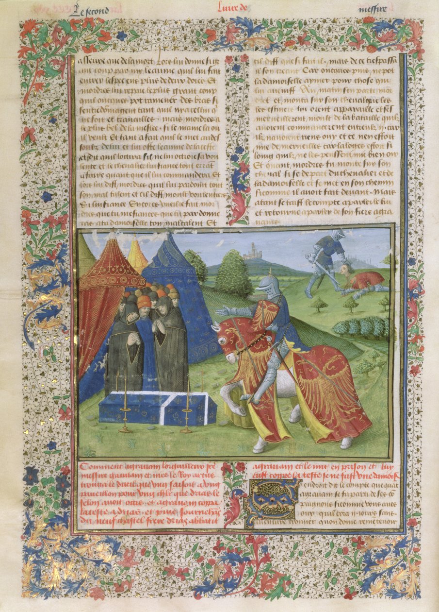 Ms 115 f.425v Lancelot Killing Sir Agravain (vellum) av French School