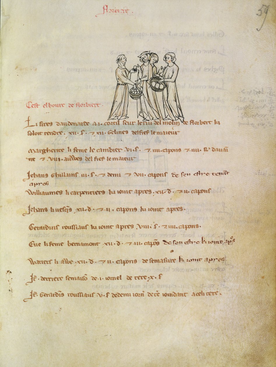 Ms 1175 f.59r kvinner kjøper egg, fra Vieil Rentier dAudenarde, 1291-1302 av French School