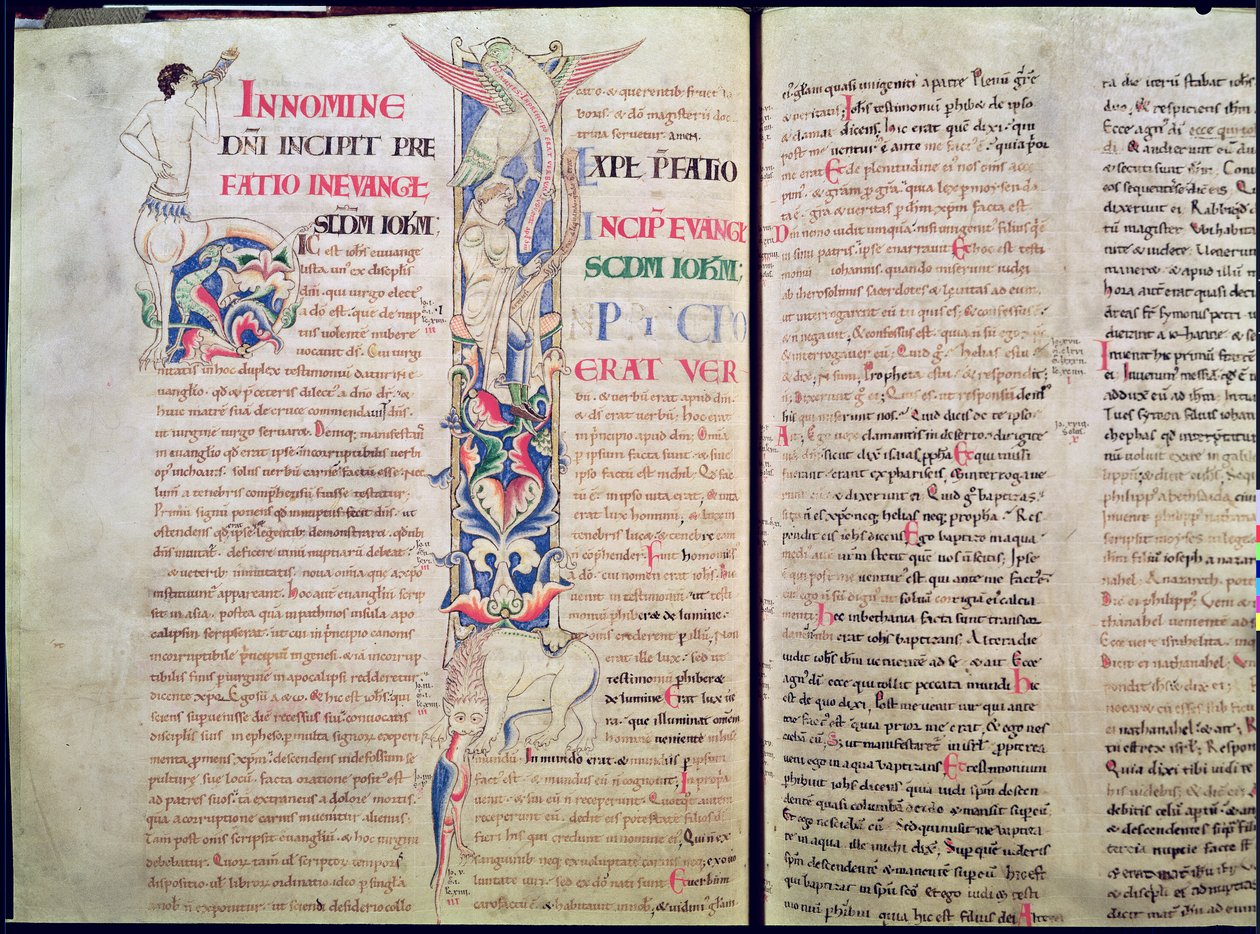 Ms 1215 t.4 f.56v Historikert initial H som viser en kentaur og historisk initial I som viser ørnen til St. John som gjør kjetteren Arius til taushet, fra Johannesevangeliet, Bibelen til St. Etienne Har av French School