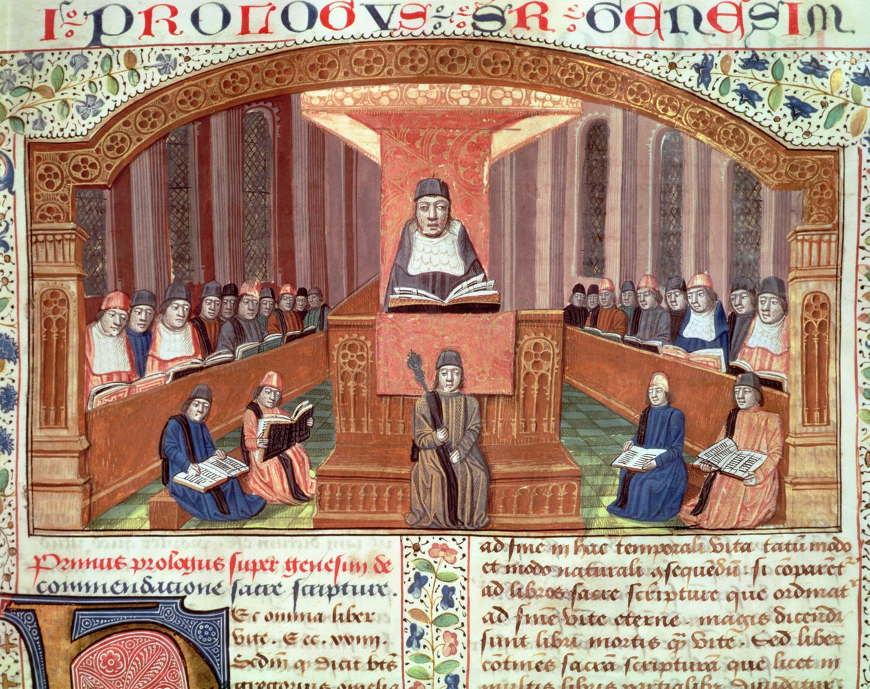 Ms 129 f.32 En leksjon i teologi ved Sorbonne, fra Postilles sur le Pentateuch, illustrasjon til tekst skrevet av Nicolas de Lyre av French School