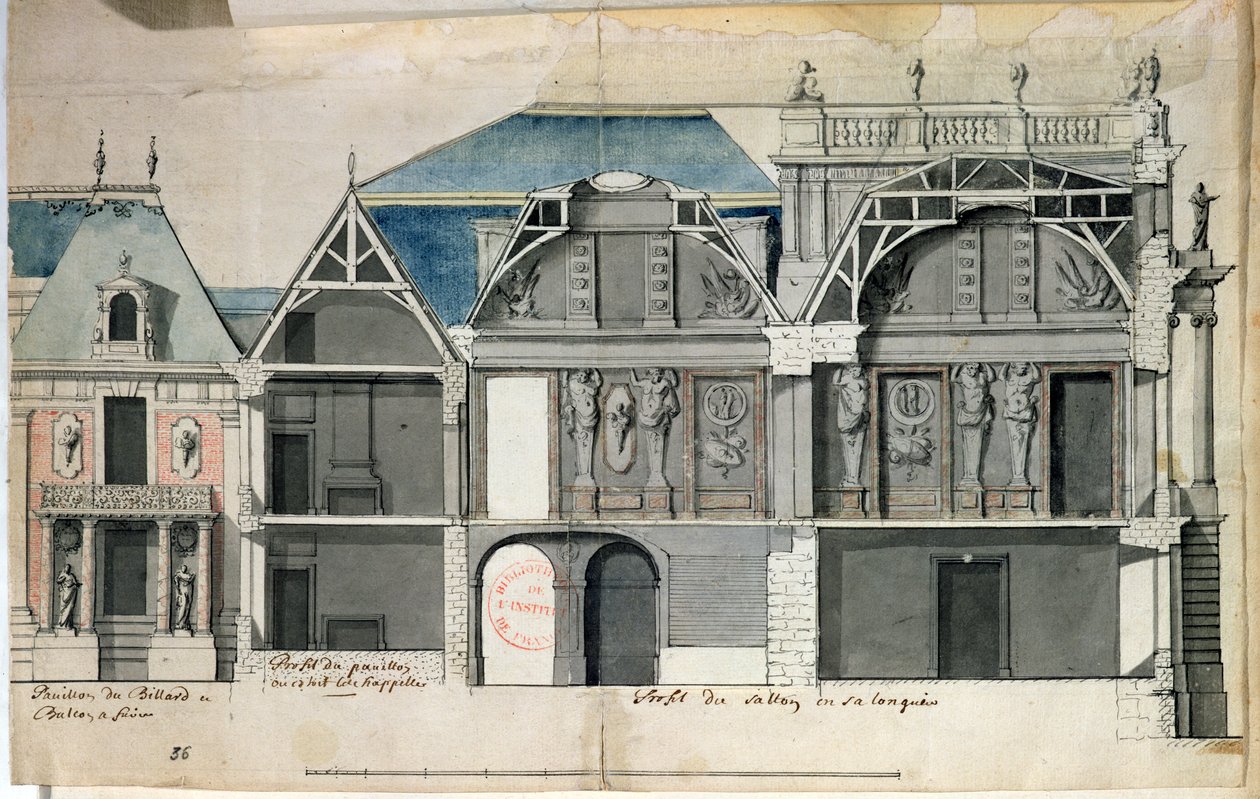 Ms 130736 Tverrsnitt av en fløy av Chateau de Versailles konstruert av Louis Le Vau ((1612-70) (wc på papir) av French School