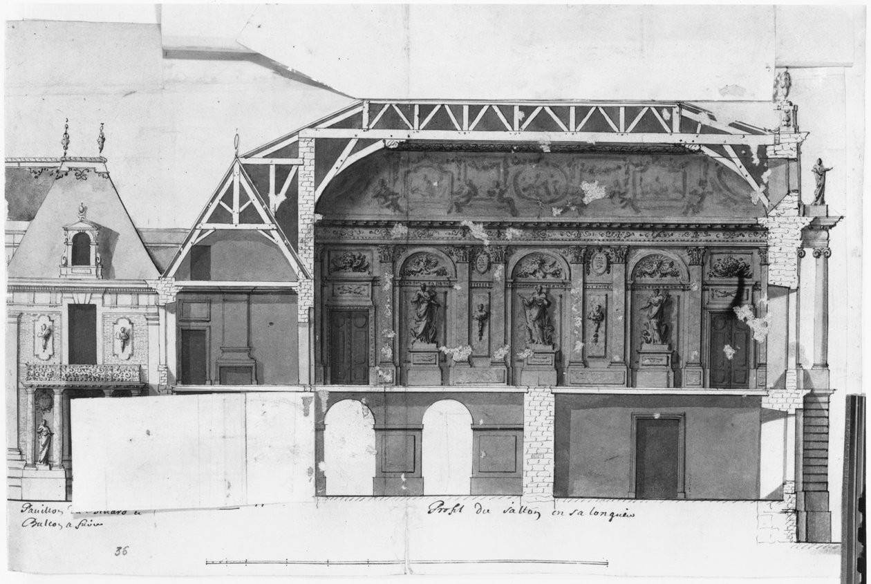 Ms 130736 Sør-nord tverrsnitt av Grand Salon og Salle de Diane i Chateau de Versailles konstruert av Louis Le Vau ((1612-70) (wc på papir) av French School