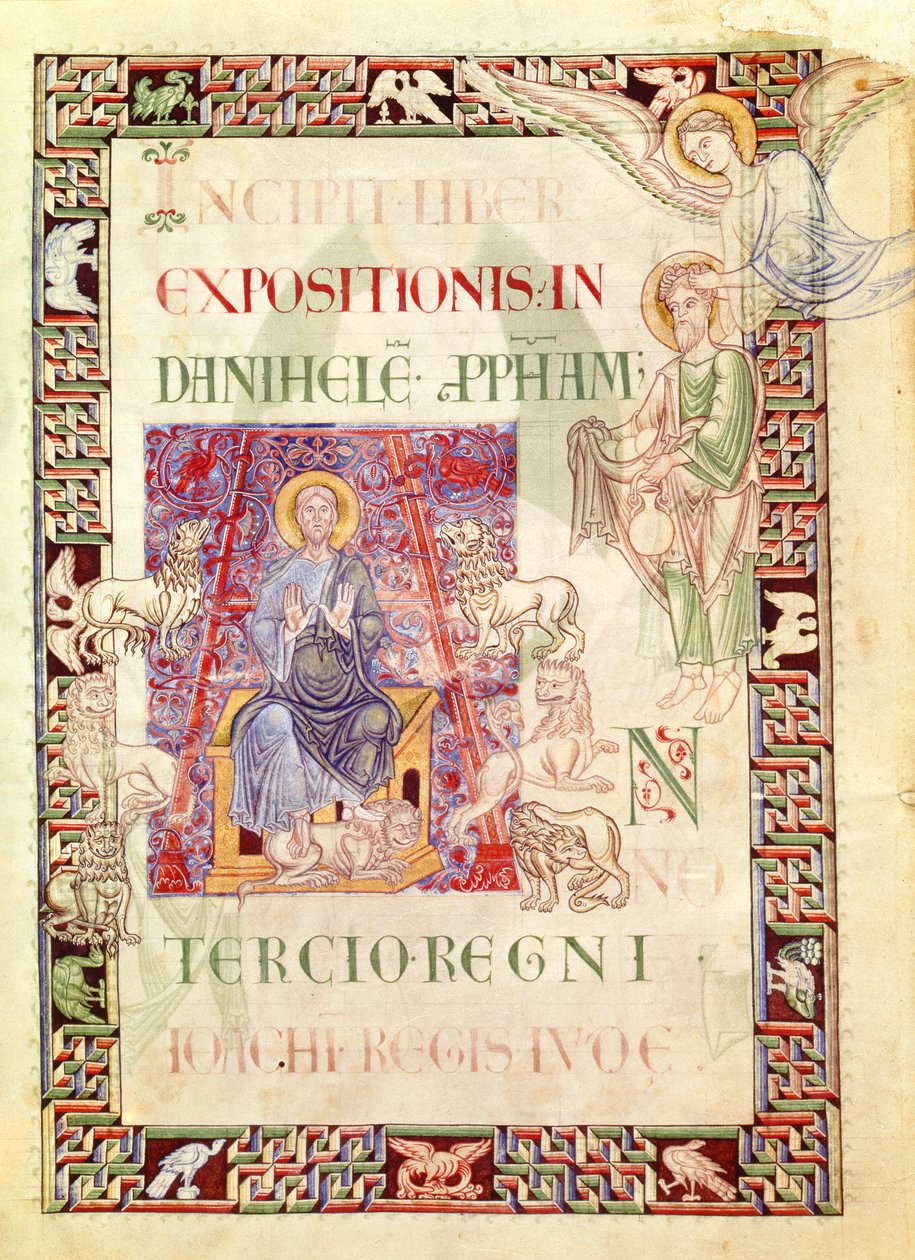 Ms 132 f.2v Daniel i løvehulen matet av Habakkuk, fra Explanatio i Prophetas et Ecclesiasten av St. Jerome av French School