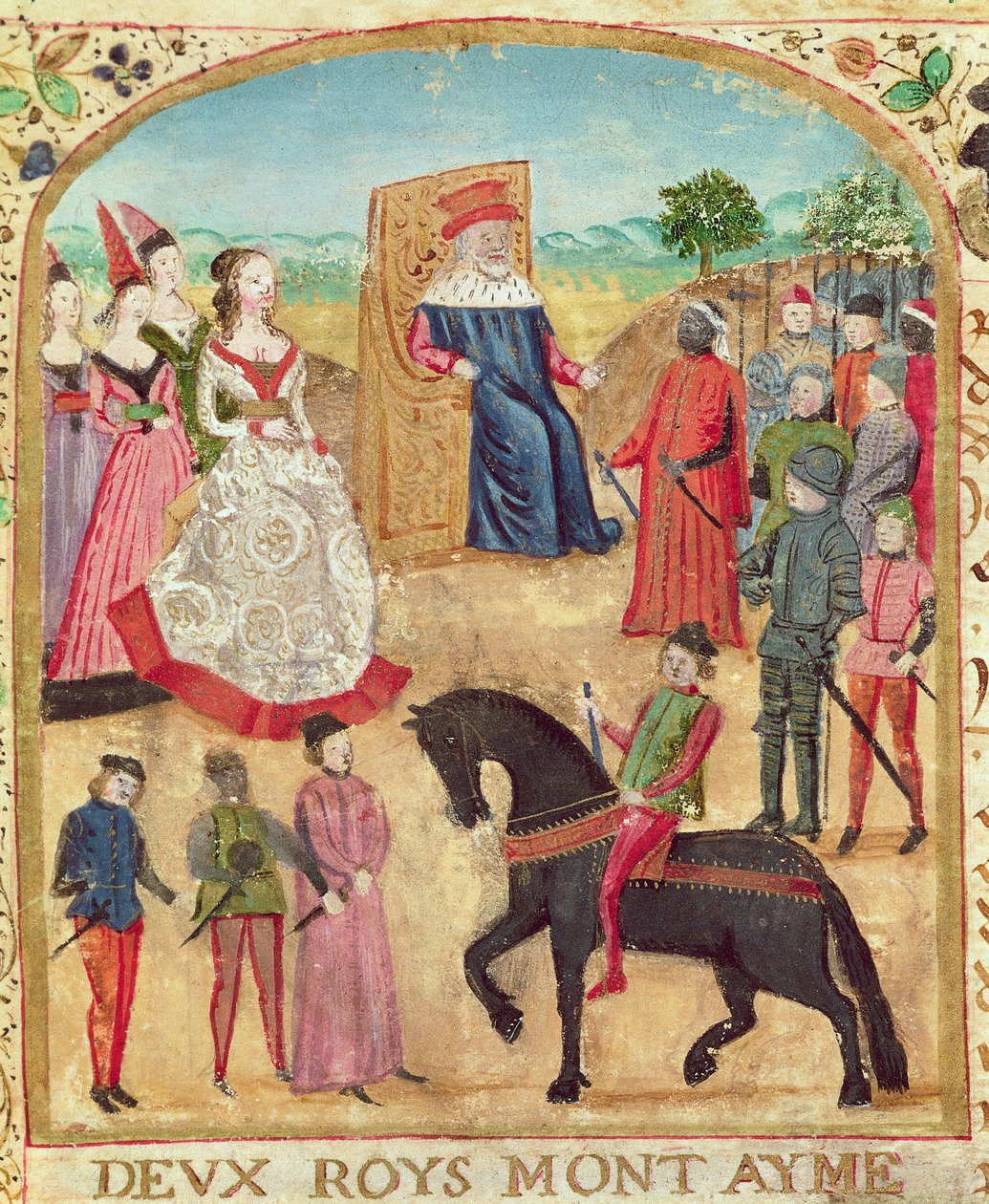 Ms 1335 f.1 Margaret av York blir introdusert for sin fremtidige ektemann, Karl den dristige 27. juni 1468 i Damme av French School