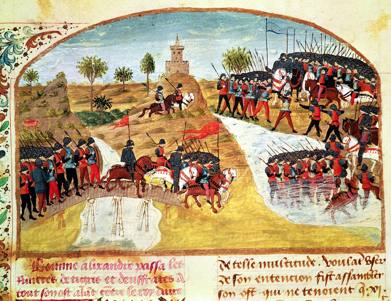Ms 1335 f.62v Hvordan Alexander den store (356-323 f.Kr.) krysset Tigris og Eufrat, fra Vie dAlexandre le Grand av French School