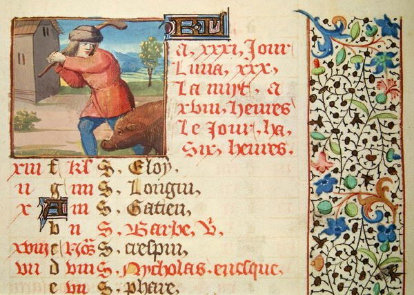 Ms 134 December: Slaughting a Pig, from a Book of Hours av French School