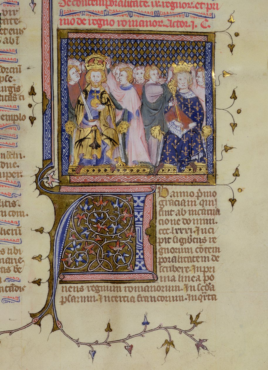 Ms 13. fol 232 Kroningen av Ludvig IX (121415-70) og sannsynligvis av Fredrik II (1194-1250), fra en psalter av Pierre Lombard, tidlig på 1400-tallet av French School