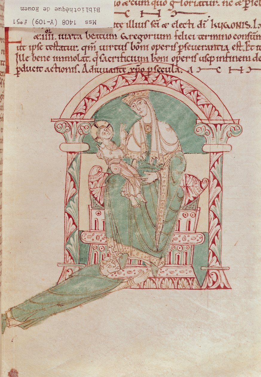 Ms 1408 fol.51 Jomfru og barn med St. Gregor den store (540-604) fra Sermons et Vies de Saints av French School